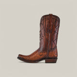 The Over Brown Python Laser & Embroidery CU401 cowboy boot features intricate stitching, a textured pattern, and laser-engraved designs. It is viewed from the side against a plain background, showcasing its narrow square toe, low heel, and pull straps.