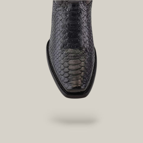 Close-up of the Plunge Black Python Laser & Embroidery shoe, model CU607, with a faux snakeskin texture and narrow square toe, set against a plain light gray background and viewed from above.