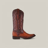 The Moroni Chestnut Ostrich Laser & Embroidery - Round Toe boot, crafted with intricate detailing and embossed design, showcases Cuadra on the side. The round toe and slightly raised heel highlight the laser-engraved features against a neutral background.