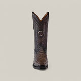 The Everest Gray Ostrich Laser & Woven - Narrow Square Toe - CU603 is a single black western cowboy boot featuring a textured pattern, ornate stitching, woven detailing, and a circular decoration near the top. It stands upright with a pointed toe against a neutral gray background.