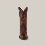 The Arauco Chocolate Ostrich Laser & Woven - Narrow Square Toe boot (CU597) is a single brown cowboy boot featuring a laser-engraved decorative pattern with CUADRA on the front, crafted from exotic ostrich leather for a unique texture on the lower part against a plain background.