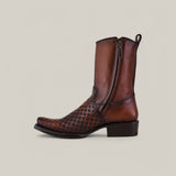 The Over Maple Laser & Woven - Narrow Square Toe - CU674 is a brown leather boot with a square toe and laser-etched geometric grid pattern on the front, featuring a low heel, side zipper, and back pull-tab, displayed on a light gray background.