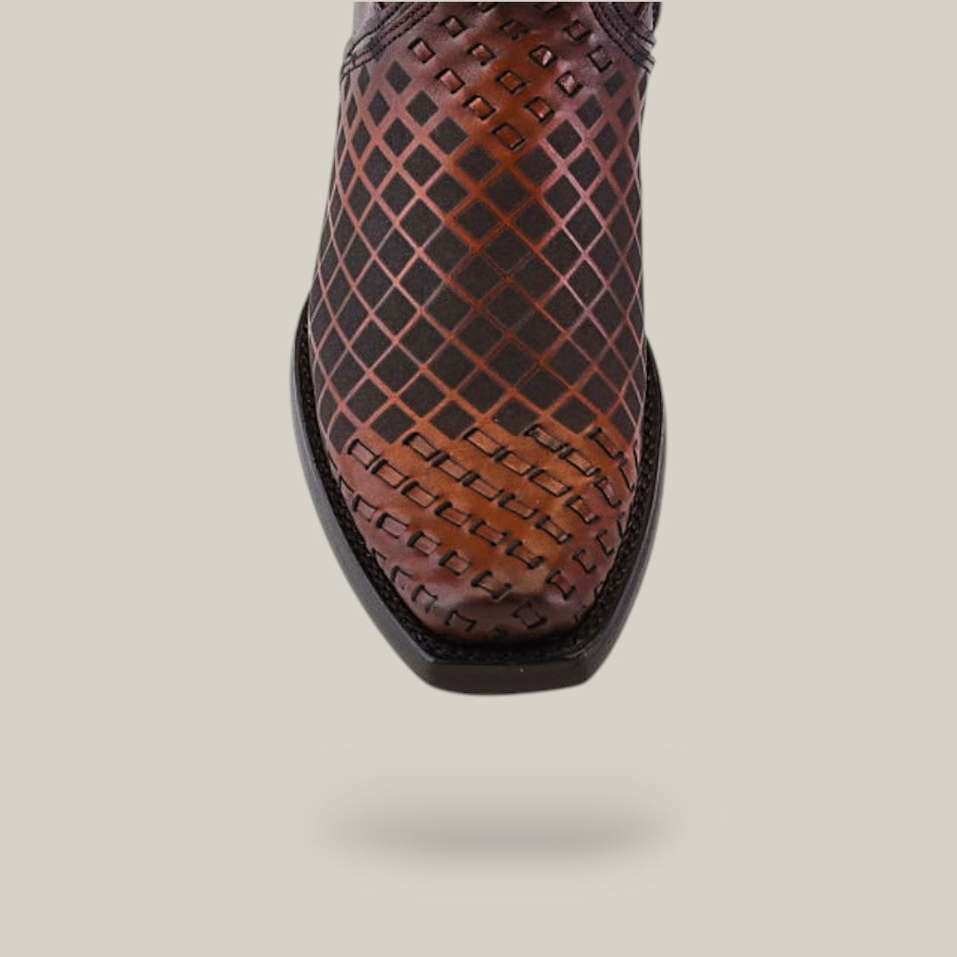 The Over Maple Laser & Woven - Narrow Square Toe - CU674 is a brown leather shoe with a woven texture in a criss-cross diamond pattern, featuring a square toe and sleek black edging against a light gray-beige background.