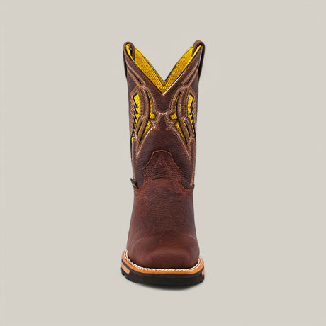 A single Floter Brown Soft Toe boot (E6187) showcases its intricate yellow and dark brown stitching from the front, set against a plain light gray background, embodying the durability of Texas Country Work Boots.