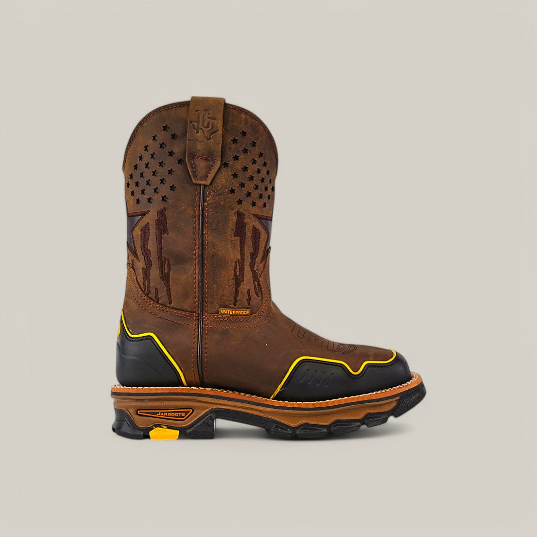 The Amazonas Dark Brown Soft Toe - E6256 from the Texas Country Work Boots line features a black sole, yellow accents on a plain background, star cutouts, and intricate stitching, ensuring durability for every adventure.