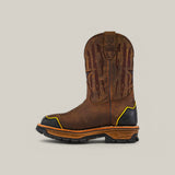 The Amazonas Dark Brown Soft Toe - E6256 cowboy boot showcases durability with decorative stitching, black toe and heel reinforcement, a thick textured sole, and a subtle yellow accent on the heel. Perfect as Texas Country Work Boots.