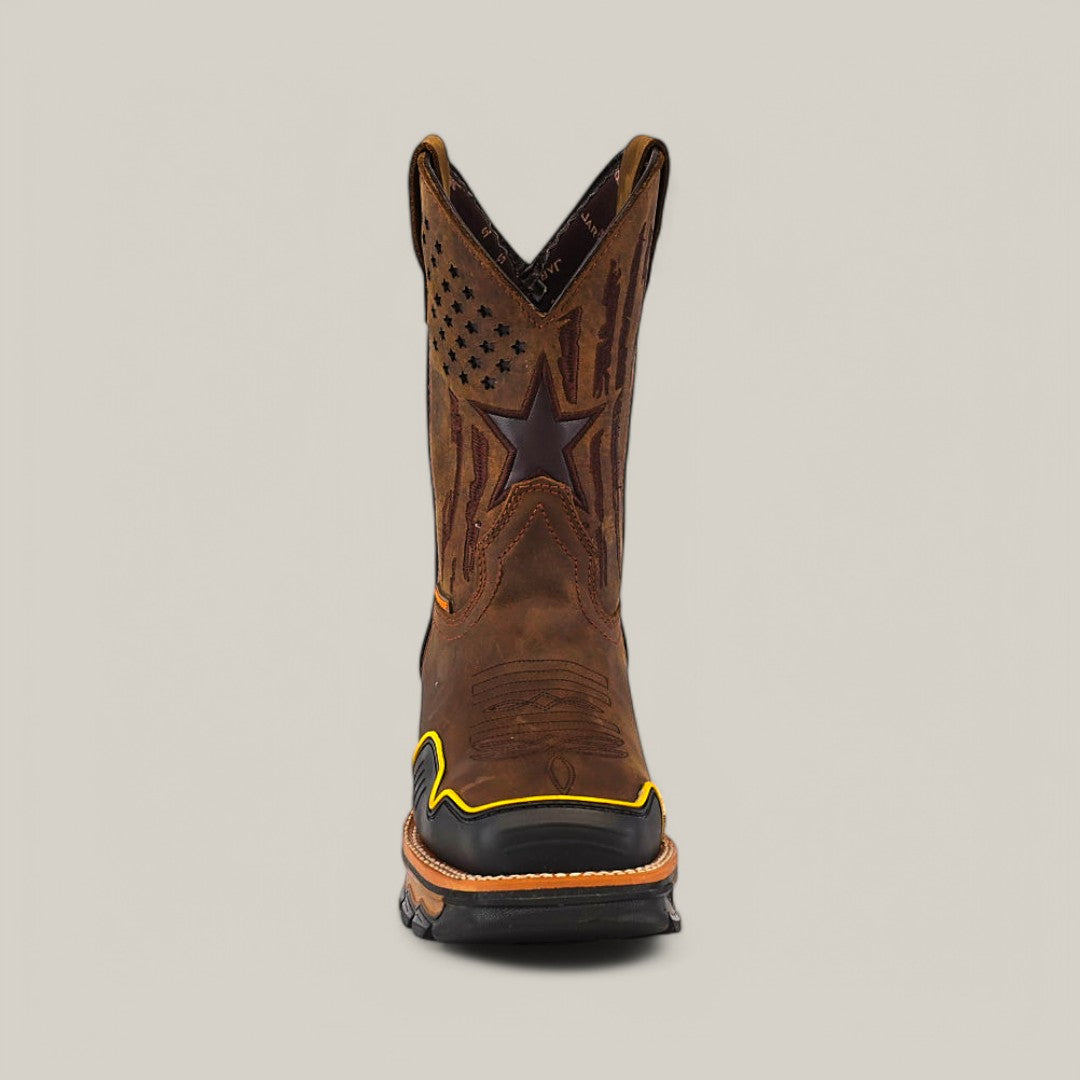 The Amazonas Dark Brown Composite Toe - E6256 is a rugged Texas Country Work Boot featuring a black star design on the shaft. It shows off black and yellow accents near the toe with a strong sole, set against a plain beige background.