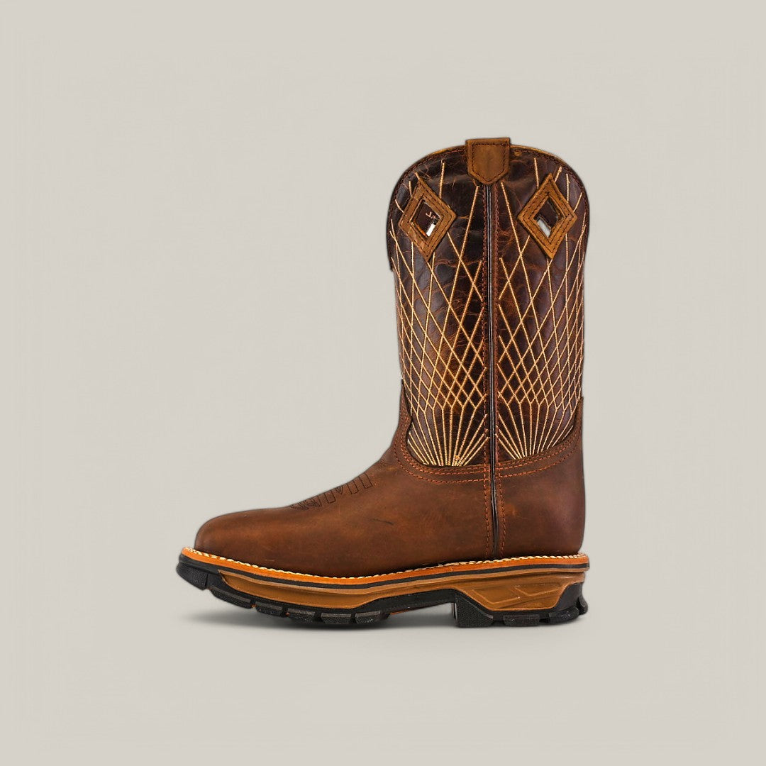 The Amazonas Tanger Soft Toe - E6257 is a rugged brown cowboy boot featuring intricate yellow stitching and diamond patterns on the shaft. It has a durable, waterproof design with a black sole and detailed embroidery, ideal for Texas Country Work Boots enthusiasts.