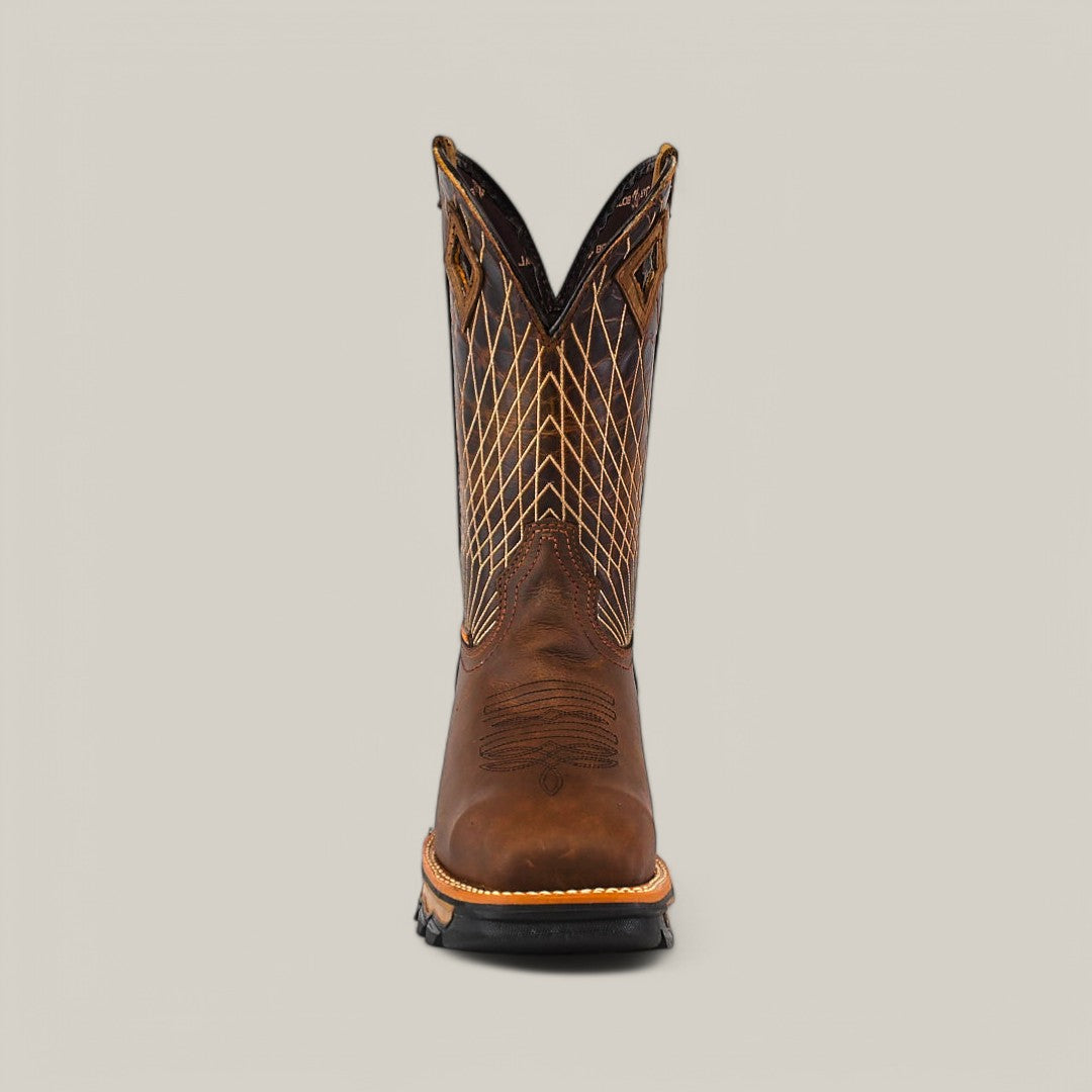 Front view of the Amazonas Tanger Composite Toe - E6257 features a brown cowboy boot with intricate shaft stitching, reflecting rugged durability. Its round toe and sturdy sole stand against a plain, light gray background.