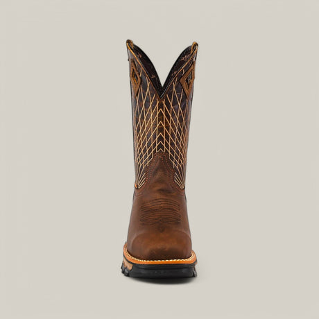 The Amazonas Tanger Soft Toe - E6257 is a brown cowboy boot with a high shaft and dark sole. It showcases intricate yellow stitching and a pointed toe, embodying the rustic charm and durability typical of Texas country work boots, all set against a plain light gray background.