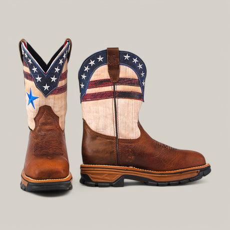 Check out the Aventajado Penac Soft Toe - E6282 boots with a brown leather foot and American flag-inspired shaft. Featuring star patterns over bold red stripes, they embody patriotism. Their rugged soles and square toes are crafted for durability, ideal for tough workdays.