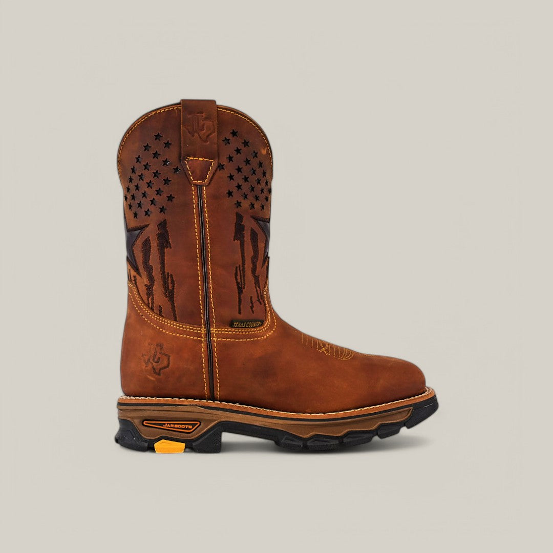 The Amazonas Honey Composite Toe - E6259 cowboy boot features a rugged sole, pull tabs, and durable design with black star and pattern details. It includes orange stitching and decorative shaft elements on a plain background, exemplifying the Texas Country Work Boots quality.