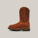 The Amazonas Honey Composite Toe - E6259 boot, featuring brown leather with decorative shaft stitching, a black rubber sole, and a pull-on tab, showcases Texas Country Work Boots durability. It is oriented to the left against a light gray background.