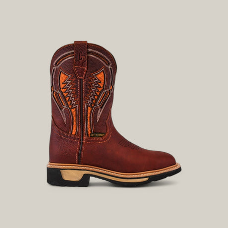 The Floter Shedron Composite Toe - E6987 by Texas Country Work Boots is a brown leather cowboy boot with orange stitching and decorative patterns, featuring a black heel and tan sole. Its design perfectly balances style and durability, ideal for those who value both.