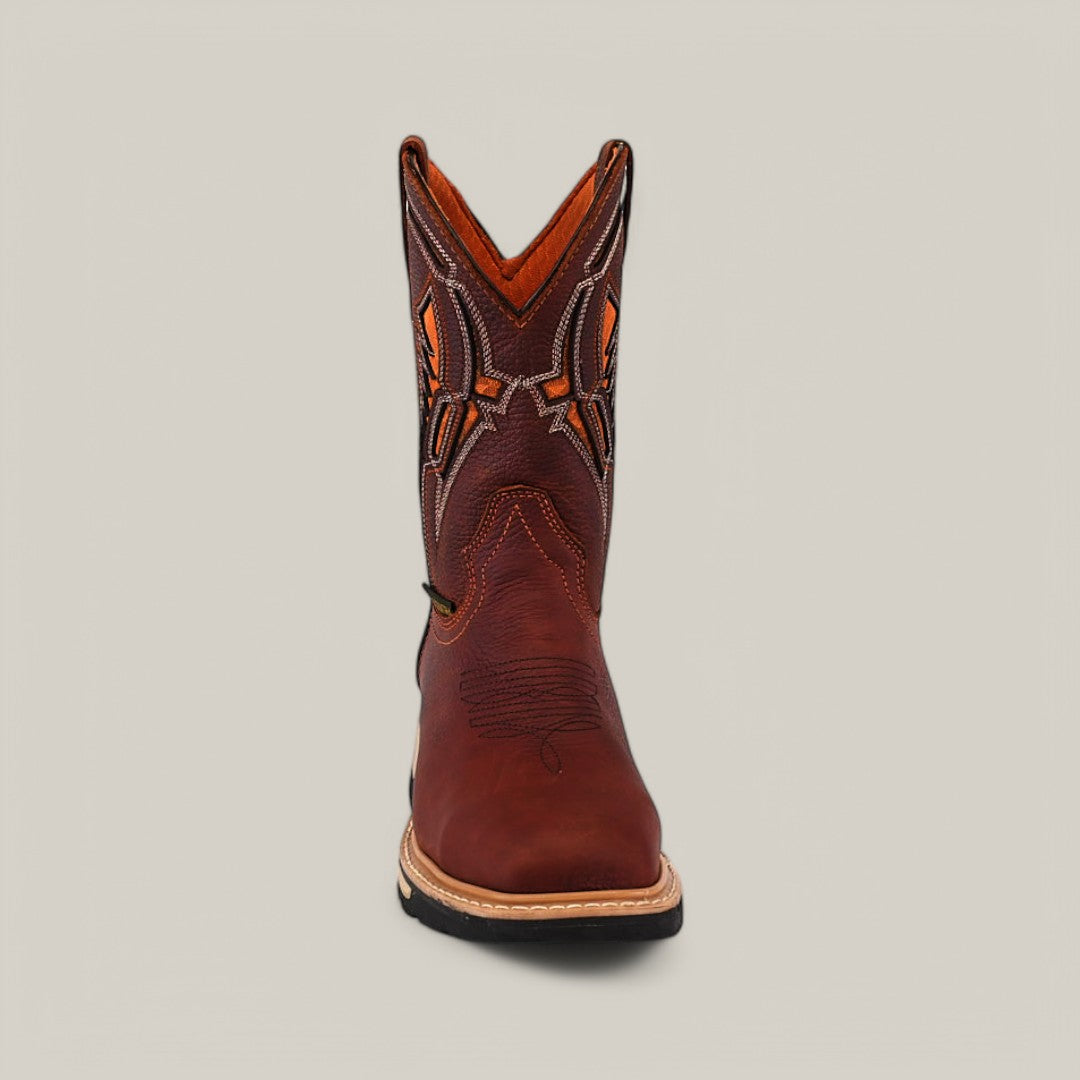 A single Floter Shedron Soft Toe - E6987 cowboy boot features intricate orange and white stitching, highlighting Texas Country Work Boots durability against a plain light gray backdrop.