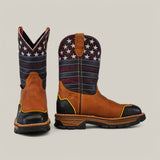 The Crazy Honey Composite Toe - E6296 cowboy boots feature brown leather with black and yellow accents, known for their Texas Country Work Boots durability. The tall shafts display an American flag design with stars and stripes on a plain light gray background.