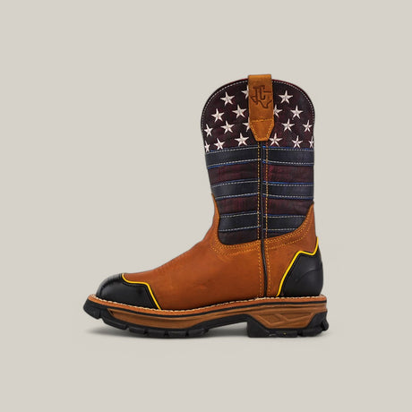 The Crazy Honey Composite Toe - E6296 is a brown leather cowboy boot with a rugged sole and black accents. It showcases American flag elements, sturdy construction, pull tabs, and detailed stitching for a classic and resilient look.