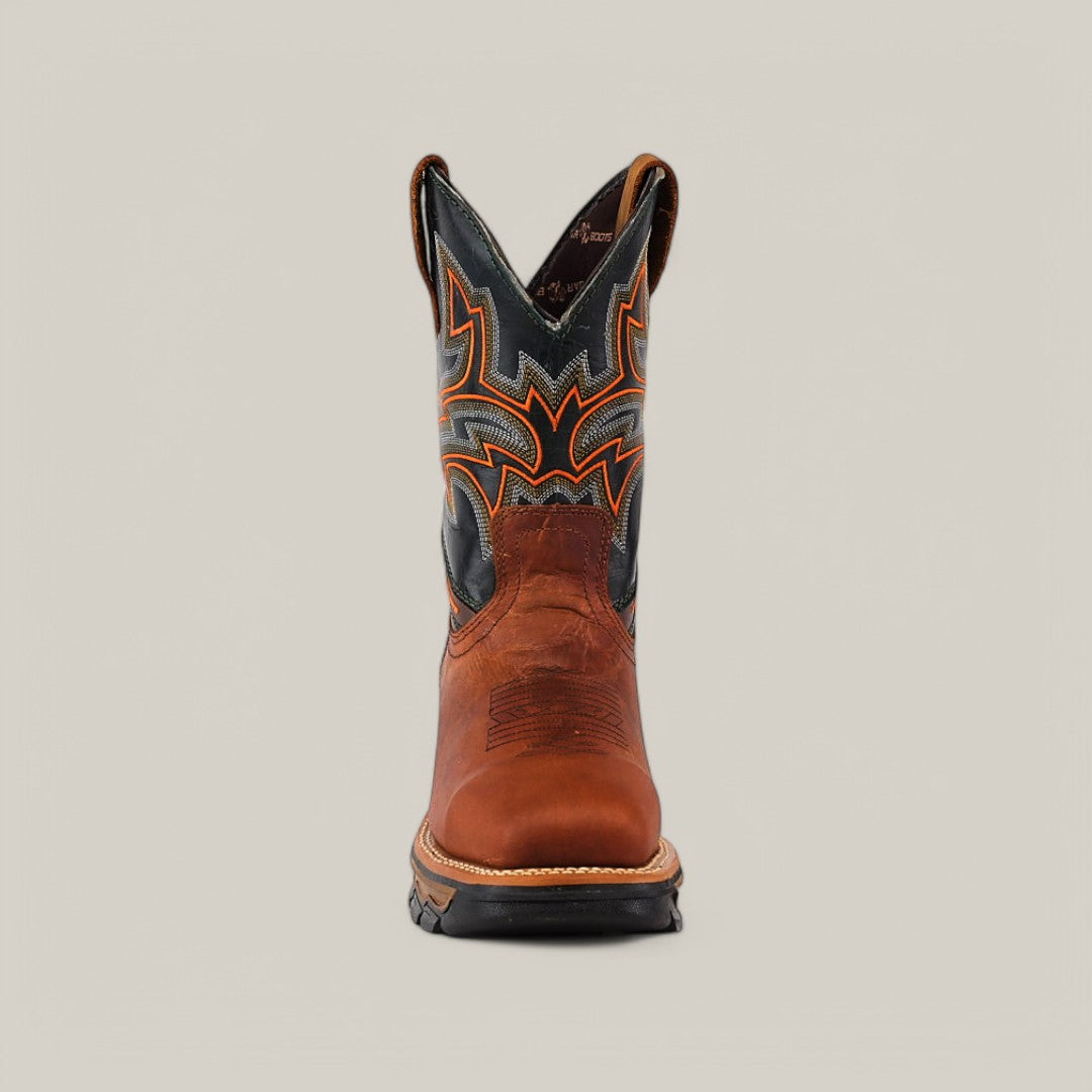 This front-view image showcases the Amazonas Honey Composite Toe - E6002, a brown and black cowboy boot with orange stitching patterns, high shafts, and pull straps. It offers durability and style for every rugged adventure.