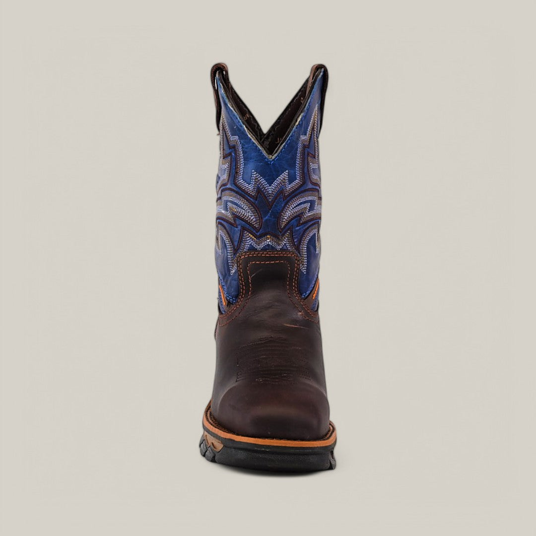 The Amazonas Brown Soft Toe - E6002 is a Texas Country Work Boot with a durable brown leather foot, tall blue shaft, and intricate stitching, offering both comfort and strength.