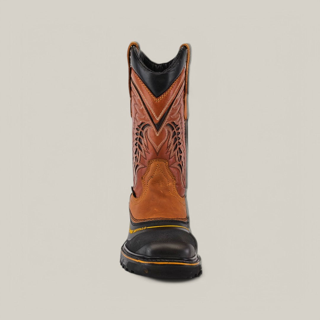 Front view of the Crazy Honey Soft Toe - E6048 cowboy boot in brown and black leather, ideal for Texas Country Work Boots fans. It boasts intricate upper detailing and a textured sole for durability, all set against a plain light grey background.