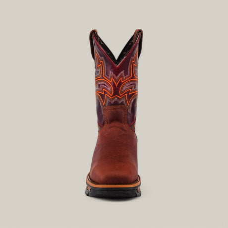 The Amazonas Cogñac Composite Toe - E6002 is a single Texas Country Work Boot featuring a brown leather foot and colorful upper with orange and red stitched patterns. It boasts a rounded toe, stacked heel, and durable cowboy style against a plain beige background.