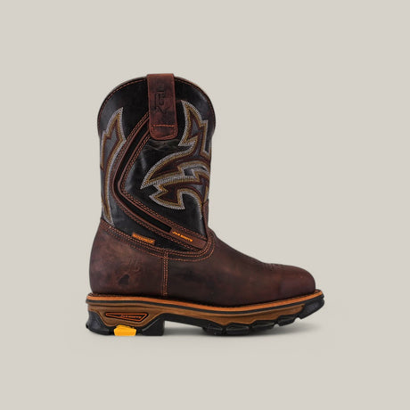 The Amazonas Chocolate Composite Toe - E6002 is a single mid-calf Texas Country Work Boot in dark brown featuring intricate stitching and a pull tab. On a gray background, its thick, rugged sole showcases durability with a yellow accent near the heel, perfect for any adventure.