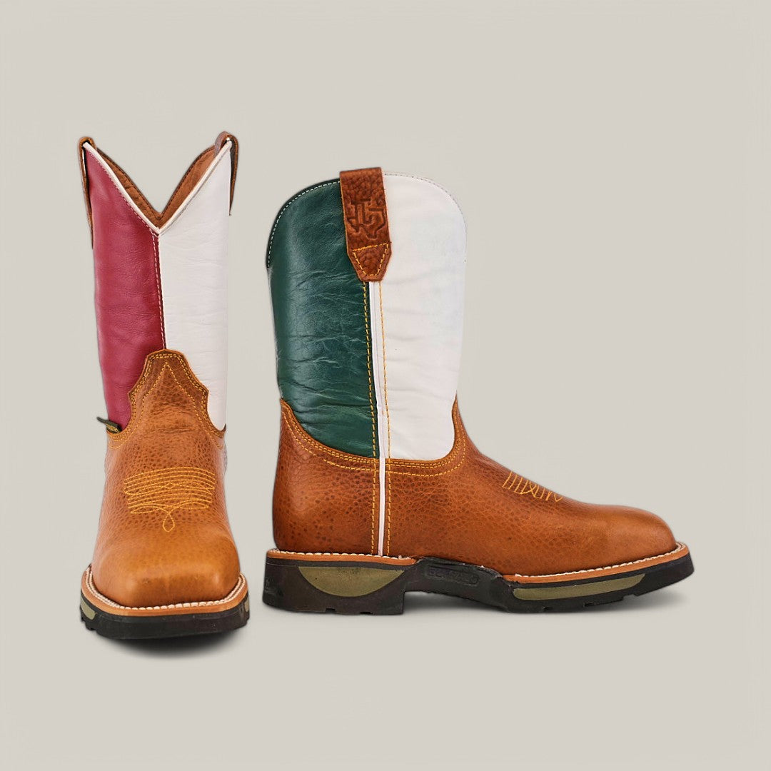 The Rino Honey Soft Toe - E6077 boots boast a brown leather foot with vibrant multicolored shafts—one white and red, the other white and green. Featuring black soles and decorative stitching, they combine style and durability, making them ideal for both work and play.