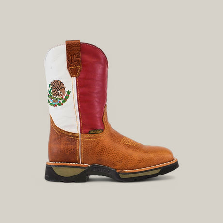 The Rino Honey Composite Toe - E6077 boots feature a tan foot, white upper with a red top, and embroidered Mexican emblem. With brown soles and distinct stitching, they offer durable comfort as stylish waterproof boots.