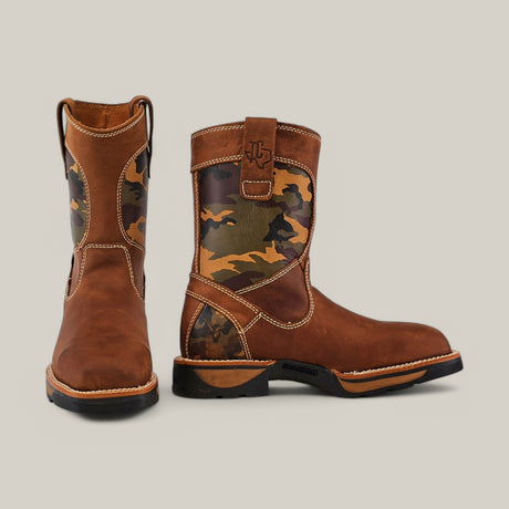 The Crazy Brown Military Composite Toe - E6017 boots feature a camouflage design on brown leather, a rounded toe, sturdy sole, and pull straps. Perfect for rugged adventures. Displayed against a neutral background, they emphasize durability and Texas Country style.