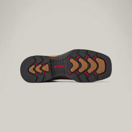 The image displays the Alazan Sand Soft Toe - E6081 shoe sole on a light gray background, featuring a durable black design with zigzag red accents and BUFFALO in red. The geometric tread ensures reliable grip, akin to Texas Country Work Boots.