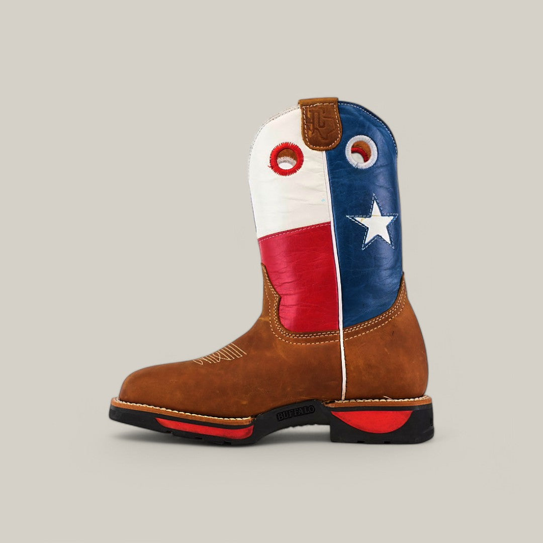 The Texas Honey Composite Toe - E6082 is a cowboy boot with a brown foot and Texas flag-patterned shaft, featuring a white star on blue. It has a durable black sole with red-accented heel, embodying the rugged spirit of Texas Country Work Boots.