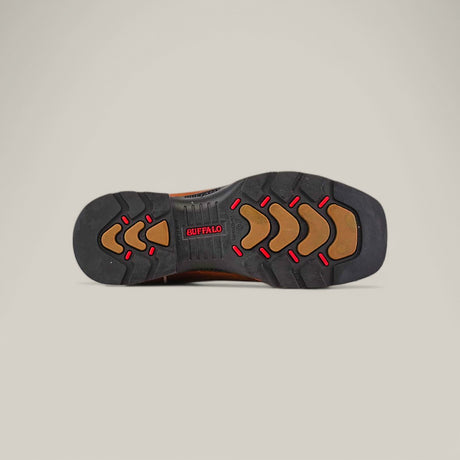 The image displays the rugged tread pattern of a Texas Honey Soft Toe - E6082 boot sole, designed for durability. It features black and brown sections with bright red accents, and BUFFALO is boldly printed in red text at the center against a plain, light background.