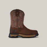 The Rebar Flex Western Brown (10053616) cowboy boot features a zigzag pattern on the shaft, a round toe, pull loops, and a sturdy black and tan sole, set against a neutral background.