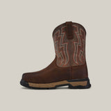 The Ariat Rebar Flex Western Brown (Composite Toe, 10053616), with decorative white and red stitching on the shaft and a thick black and tan sole, is showcased on a plain gray background highlighting its side profile.