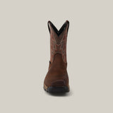 The Rebar Flex Western Brown - Composite Toe (10053616) boot showcases rugged charm with intricate shaft stitching, a black sole, and a round toe. Poised against a light gray backdrop, this Ariat boot exemplifies Western style.