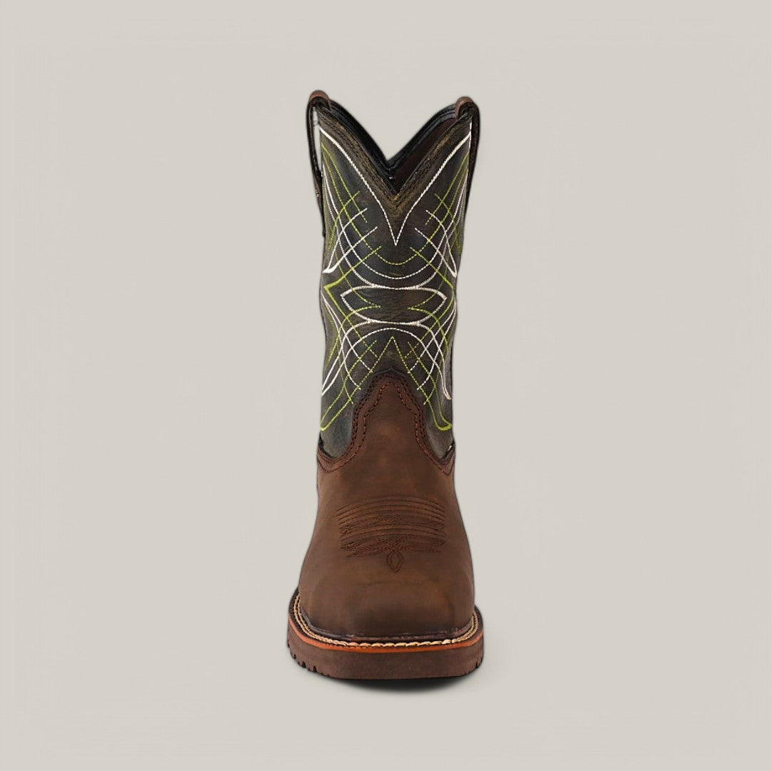 Front view of the Activator H2o Drk Brown - Soft Toe (10060892) cowboy boot, showcasing intricate green and white stitching on the shaft. This boot features waterproof technology for durability and style, set against a plain, neutral background.