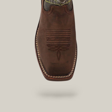 The Activator H2o Drk Brown - Soft Toe cowboy boot (10060892) showcases intricate stitching and detailed embroidery on a square soft toe. It features light brown welt stitching and incorporates waterproof technology, set against a plain, neutral background.