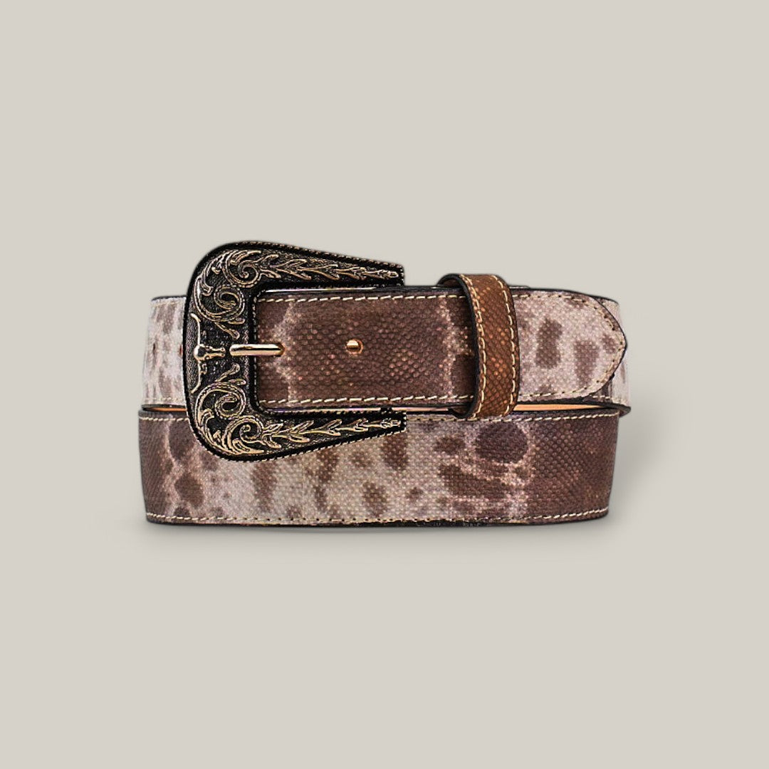 The Exotic Full Quilt Carunga Belt, in natural hues with a Texas Buckle, features luxurious brown and beige patterns crafted from fine exotic leathers, elegantly coiled and showcased against a plain backdrop.