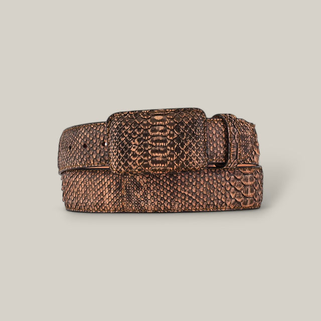 This Exotic Full Quilt Python - Orix Suede Belt is a luxury accessory featuring a sophisticated brown snakeskin design with a matching rectangular buckle, elegantly displayed on a light gray background.