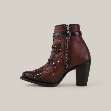 The Honey Embroidery & Studs & Harness - Round Toe - CU637 boot features honey embroidery on brown leather with floral patterns, a side zipper, chunky heel, small studs, and an ankle harness strap.