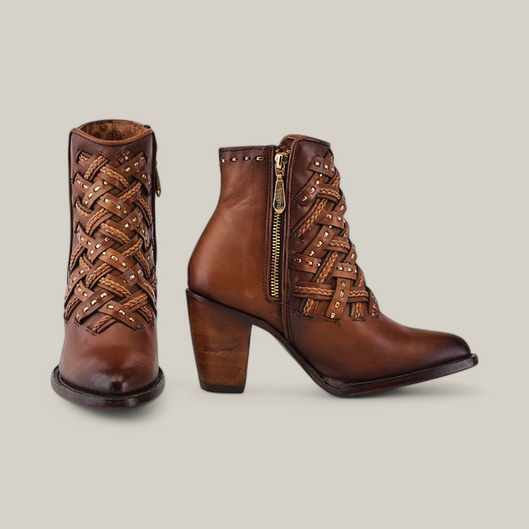 Toledo Chestnut Laser & Woven ankle boots (CU573) feature a woven leather design, round toe, gold studs, side zippers, and a chunky heel.