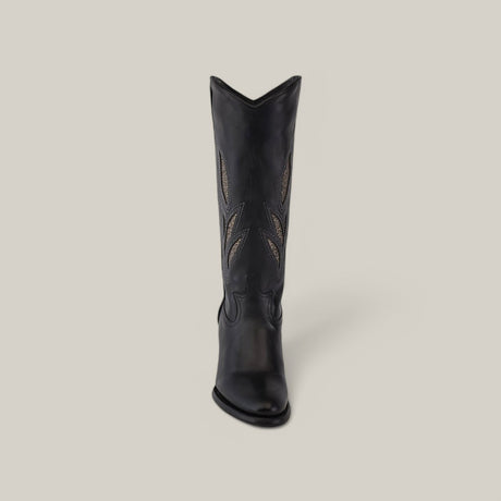 The Black Embroidery - Round Toe - CU874 showcases a single black cowboy boot with decorative stitching and a round toe, viewed from the front against a plain light gray background.