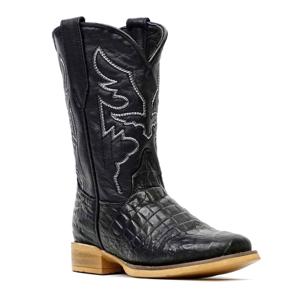 Kids Alligator Belly Black Boots - Embossed Leather - Square Toe (K27-1) - Gomez Western Wear