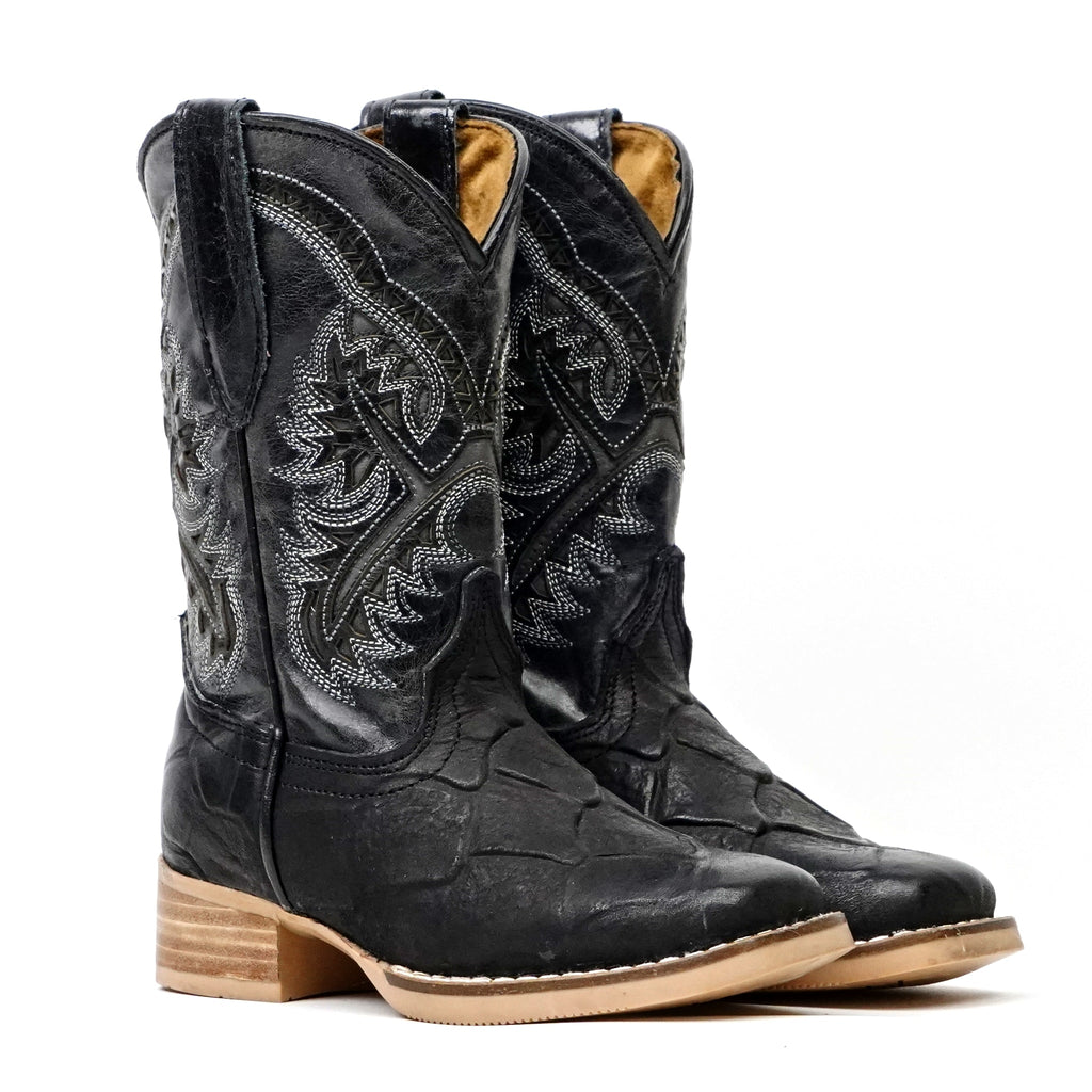 Kids Pirarucu Fish Black Boots - Embossed Leather - Square Toe (K92-1) - Gomez Western Wear