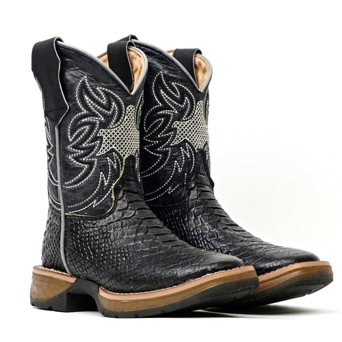 Kids Python Black Boots - Embossed Leather - Square Toe - Gomez Western Wear