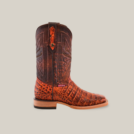 The Exotic Caiman Belly - Brandy features a single square toe cowboy boot with authentic caiman leather, intricate patterns, a reddish-brown textured lower section, medium wooden heel, and a leather pull tab. It is displayed on a plain light gray background.