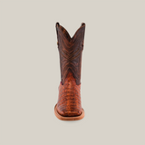 Front view of the Exotic Caiman Belly - Brandy - Square Toe, featuring genuine caiman leather with a rich brown upper and textured belly foot. These square-toe boots showcase intricate shaft stitching and a slightly raised heel for a unique style.