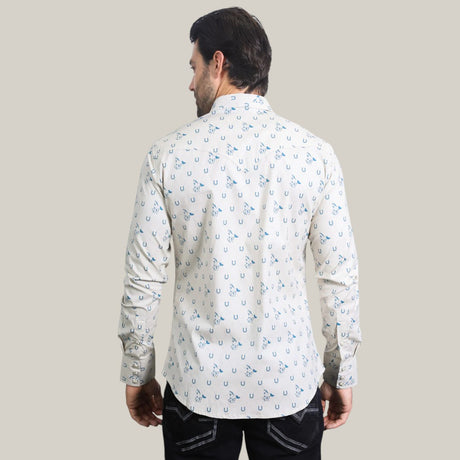 A man models the Mens Western Modern Fit Spandex Long Sleeve Lt. Grey Shirt with Snaps (WPL10485), displaying a blue horseshoe pattern on a white button-up, from the back against a plain backdrop.