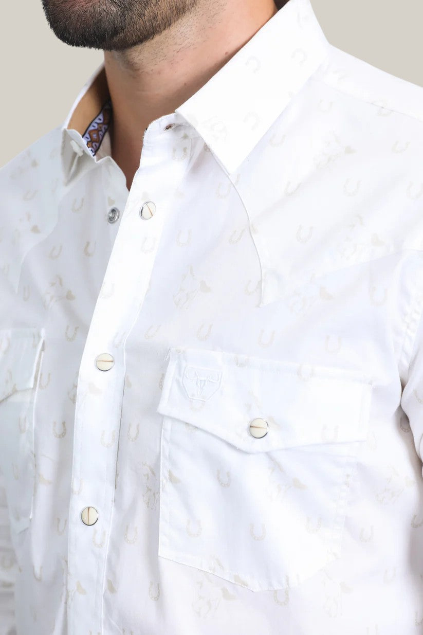 A person is wearing the Mens Western Modern Fit Cotton/Spandex Long Sleeve White Shirt with Snaps (WPL10484), featuring subtle horseshoe patterns, snap buttons, and two chest pockets. The collar is slightly open to reveal the premium cotton blend against a light grey background.