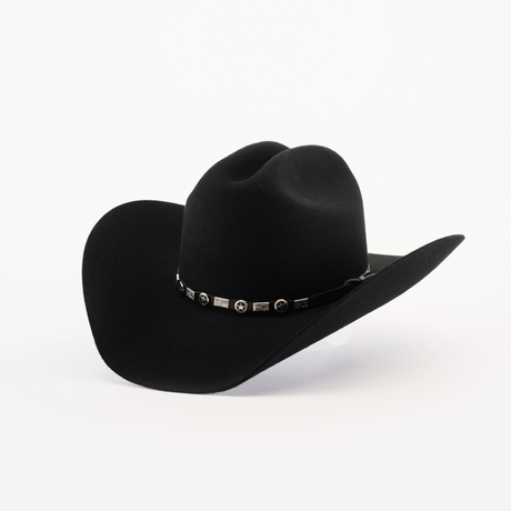 The 6X Country Black cowboy hat features a wide brim, crafted from premium felt, and is adorned with a silver concho band. Its a true Western classic, elegantly displayed against a plain white background.